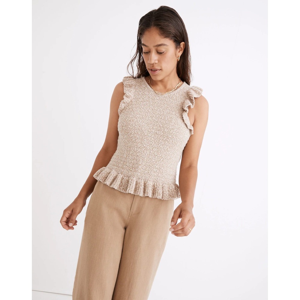 Madewell Nicollet Ruffle Sweater Tank Top Knit Large Tan Sleeveless Boho Cottage